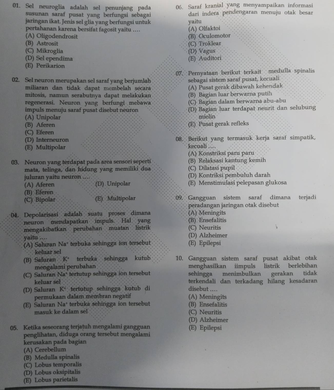 Sel neuroglia adalah sel penunjang pada 06. Saraf kranial yang menyampaikan informasi
susunan saraf pusat yang berfungsi sebagai dari indera pendengaran menuju otak besar
jaringan ikat. Jenis sel glia yang berfungsi untuk yaitu
pertahanan karena bersifat fagosit yaitu .... (A) Olfaktoi
(A) Oligodendrosit (B) Oculomotor
(B) Astrosit (C) Troklear
(C) Mikroglia (D) Vagus
(D) Sel ependima (E) Auditori
(E) Perikarion
07. Pernyataan berikut terkait medulla spinalis
02. Sel neuron merupakan sel saraf yang berjumlah sebagai sistem saraf pusat, kecuali
miliaran dan tidak dapat membelah secara; (A) Pusat gerak dibawah kehendak
mitosis, namun serabutnya dapat melakukan (B) Bagian luar berwarna putih
regenerasi. Neuron yang berfungi mebawa (C) Bagian dalam berwarna abu-abu
impuls menuju saraf pusat disebut neuron (D) Bagian luar terdapat neurit dan selubung
(A) Unipolar mielin
(B) Aferen (E) Pusat gerak refleks
(C) Eferen
(D) Interneuron 08. Berikut yang termasuk kerja saraf simpatik,
(E) Multipolar kecuali ...
(A) Konstriksi paru paru
03. Neuron yang terdapat pada area sensori seperti (B) Relaksasi kantung kemìh
mata, telinga, dan hidung yang memiliki dua (C) Dilatasi pupil
juluran yaitu neuron (D) Kontriksi pembuluh darah
(A) Aferen (D) Unipolar (E) Menstimulasi pelepasan glukosa
(B) Eferen
(C) Bipolar (E) Multipolar 09. Gangguan sistem saraf dimana terjadi
peradangan jaringan otak disebut
04. Depolarisasi adalah suatu proses dimana (A) Meningits
neuron mendapatkan impuls. Hal yang (B) Ensefalitis
mengakibatkan perubahan muatan listrik (C) Neuritis
yaitu .... (D) Alzheimer
(A) Saluran Na* terbuka sehingga ion tersebut (E) Epilepsi
keluar sel
(B) Saluran K terbuka sehingga kutub 10. Gangguan sistem saraf pusat akibat otak
mengalami perubahan menghasilkan iimpuls listrik berlebihan
(C) Saluran Na* tertutup sehingga ion tersebut sehingga menimbulkan gerakan tidak
keluar sel terkendali dan terkadang hilang kesadaran
(D) Saluran K tertutup sehingga kutub di disebut ...
permukaan dalam membran negatif (A) Meningits
(E) Saluran Na* terbuka sehingga ion tersebut (B) Ensefalitis
masuk ke dalam sel (C) Neuritis
(D) Alzheimer
05. Ketika seseorang terjațuh mengalami gangguan (E) Epilepsi
penglihatan, diduga orang tersebut mengalami
kerusakan pada bagian
(A) Cerebellum
(B) Medulla spinalis
(C) Lobus temporalis
(D) Lobus oksipitalis
(E) Lobus parietalis