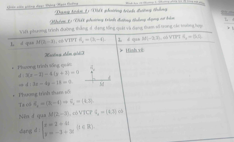 Giáo viên giảng dạy: Động Ngọe Qường Hinh học 10 Chucơng 3. Phườơng pháp lạn độ trong một phác
Dạng toán 1: Viết phương trình đường thằng
Giản niên
Khóm 1: Viết phương trình đường thắng đạng cơ bản
Viết phương trình đường thẳng d dạng tống quát và dạng tham số trong các trường hợp: > 1
1 d qua M(2;-3) , có VTPT vector n_d=(3;-4). 2. d qua M(-2;3) , có VTPT vector n_4=(5,1). 
Hướng dẫn giả T Hình vẽ:
Phương trình tổng quát:
vector n_d
d:3(x-2)-4.(y+3)=0 d
d:3x-4y-18=0. M
Phương trình tham số:
Ta có vector n_d=(3;-4)Rightarrow vector u_d=(4;3). 
Nên d qua M(2;-3) , có VTCP vector u_d=(4;3) có
dạng d : beginarrayl x=2+4t y=-3+3tendarray.  (t∈ R).