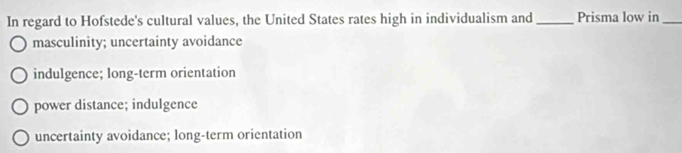 In regard to Hofstede's cultural values, the United States rates high in individualism and _Prisma low in_
masculinity; uncertainty avoidance
indulgence; long-term orientation
power distance; indulgence
uncertainty avoidance; long-term orientation