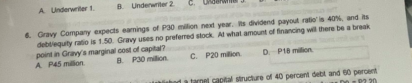 A. Underwriter 1. B. Underwriter 2. C. Underwnter 3
6. Gravy Company expects earnings of P30 million next year. Its dividend payout ratio is 40%, and its
debt/equity ratio is 1.50. Gravy uses no preferred stock. At what amount of financing will there be a break
point in Gravy's marginal cost of capital?
A. P45 million. B. P30 million. C. P20 million. D. P18 million.
thod a target capital structure of 40 percent debt and 60 percent