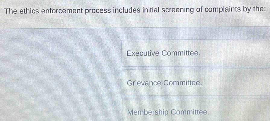 Solved: The ethics enforcement process includes initial screening of ...