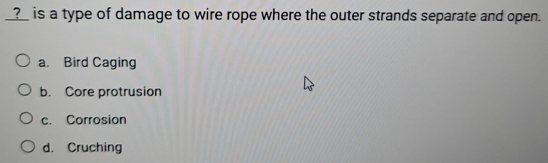 Solved: ?_ is a type of damage to wire rope where the outer strands ...