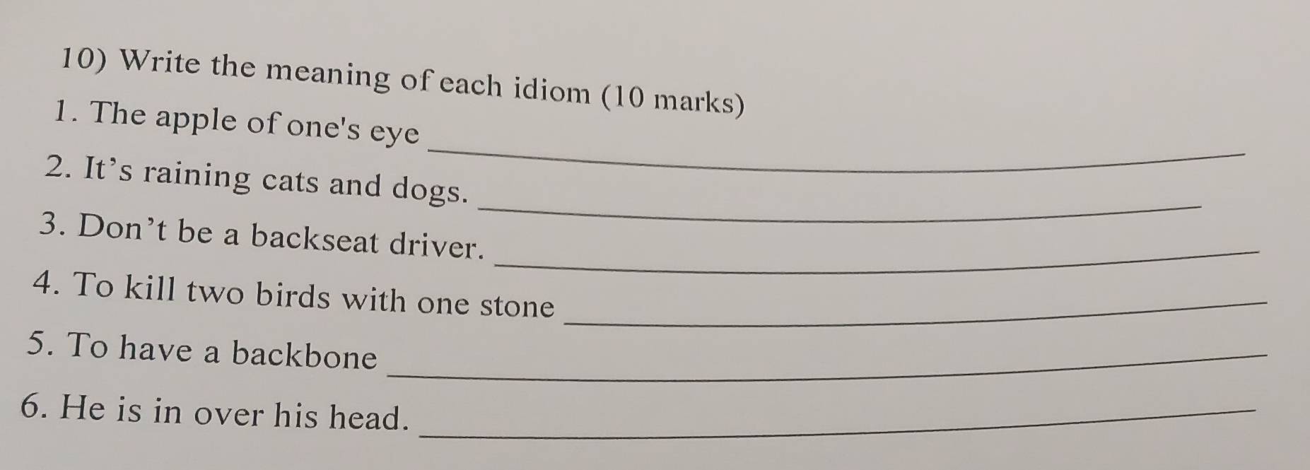 Write the meaning of each idiom (10 marks) 
_ 
1. The apple of one's eye 
_ 
2. It’s raining cats and dogs. 
3. Don’t be a backseat driver. 
_ 
4. To kill two birds with one stone_ 
5. To have a backbone_ 
6. He is in over his head._