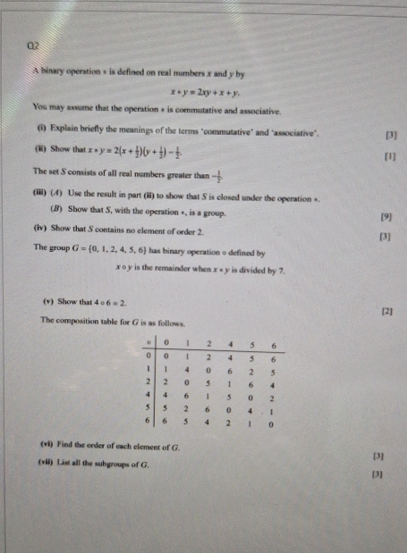 A binary operation + is defined on real numbers x and y by
x+y=2xy+x+y. 
You may assume that the operation + is commutative and associative. 
(i) Explain briefly the meanings of the terms "commutative" and "associative". [3] 
(ii) Show that x*y=2(x+ 1/2 )(y+ 1/2 )- 1/2 . [1] 
The set S consists of all real numbers greater than - 1/2 . 
(iii) (4) Use the result in part (ii) to show that S is closed under the operation +. 
(B) Show that S, with the operation +, is a group. 
[9] 
(iv) Show that S contains no element of order 2. [3] 
The group G= 0,1,2,4,5,6 has binary operation o defined by
x o y is the remainder when x+y is divided by 7. 
(v) Show that 4 ○ 6=2. 
[2] 
The composition table for G is as follows. 
(vi) Find the order of each element of G. 
[3] 
(vii) List all the subgroups of G. 
[3]