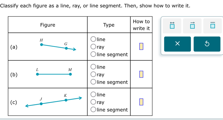 Classify each figure as a line, ray, or line segment. Then, show how to write it. 
× S