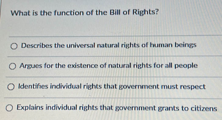 Solved: What is the function of the Bill of Rights? Describes the ...