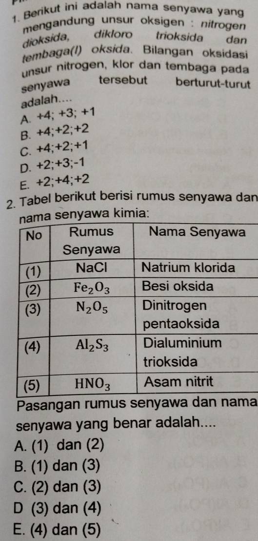 Berikut ini adalah nama senyawa yan
mengandung unsur oksigen : nitrogen
dioksida, dikloro trioksida dan
tembaga(l) oksida. Bilangan oksidasi
unsur nitrogen, klor dan tembaga pada
senyawa tersebut berturut-turut
adalah....
A. +4; +3; +1
B. +4;+2;+2
C. +4;+2;+1
D. +2;+3;-1
E. +2;+4;+2
2. Tabel berikut berisi rumus senyawa dan
enyawa kimia:
Pasangan rumus senyawa dan nama
senyawa yang benar adalah....
A. (1) dan (2)
B. (1) dan (3)
C. (2) dan (3)
D (3) dan (4)
E. (4) dan (5)