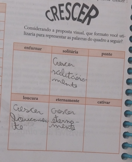 CRESCEP 
Considerando a proposta visual, que formato você uti- 
lizaria para representar as palavras