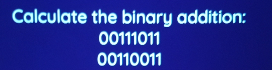 Calculate the binary addition:
00111011
00110011