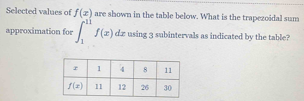 Selected values of f(x) are shown in the table below. What is the trapezoidal sum
approximation for ∈t _1^(11)f(x)dx using 3 subintervals as indicated by the table?