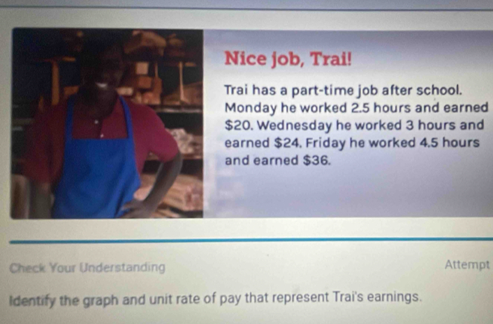 Nice job, Trai! 
Trai has a part-time job after school. 
Monday he worked 2.5 hours and earned
$20. Wednesday he worked 3 hours and 
earned $24. Friday he worked 4.5 hours
and earned $36. 
Check Your Understanding Attempt 
Identify the graph and unit rate of pay that represent Trai's earnings.