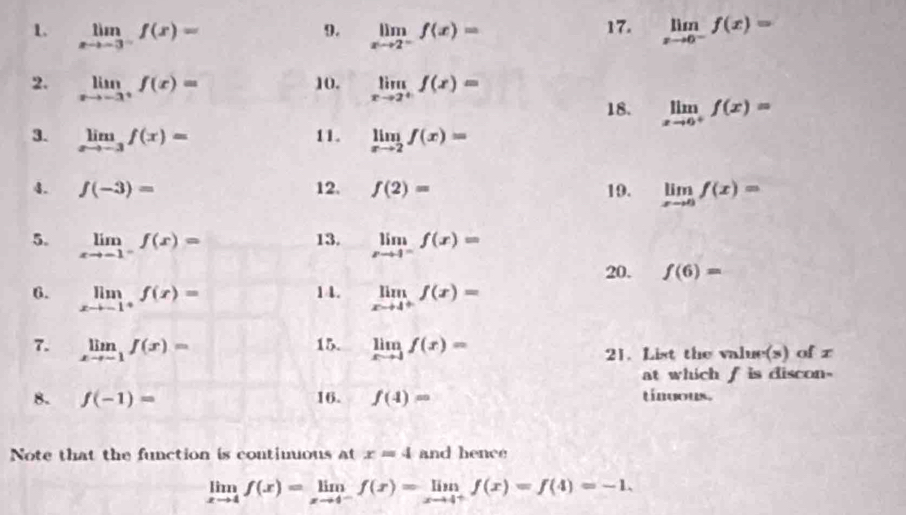 limlimits _xto -3^-f(x)= limlimits _xto 2^-f(x)= 17. limlimits _xto 0^-f(x)=
9. 
2. limlimits _xto -3^+f(x)= 10. limlimits _xto 2^+f(x)=
18. limlimits _xto 0^+f(x)=
3. limlimits _xto -3f(x)= 11. limlimits _xto 2f(x)=
4. f(-3)= 12. f(2)= 19. limlimits _xto 0f(x)=
13. 
5. limlimits _xto -1^-f(x)= limlimits _xto 4^-f(x)=
20. f(6)=
14. 
6. limlimits _xto -1^+f(x)= limlimits _xto 4^+f(x)=
15. 
7. limlimits _xto -1f(x)= limlimits _xto 1f(x)=
21. List the value(s) of z
at which f is discon- 
8. f(-1)= 16. f(4)= tinuous. 
Note that the function is contiuuous at x=4 and hence
limlimits _xto 4f(x)=limlimits _xto 4^-f(x)=limlimits _xto 4^+f(x)=f(4)=-1.