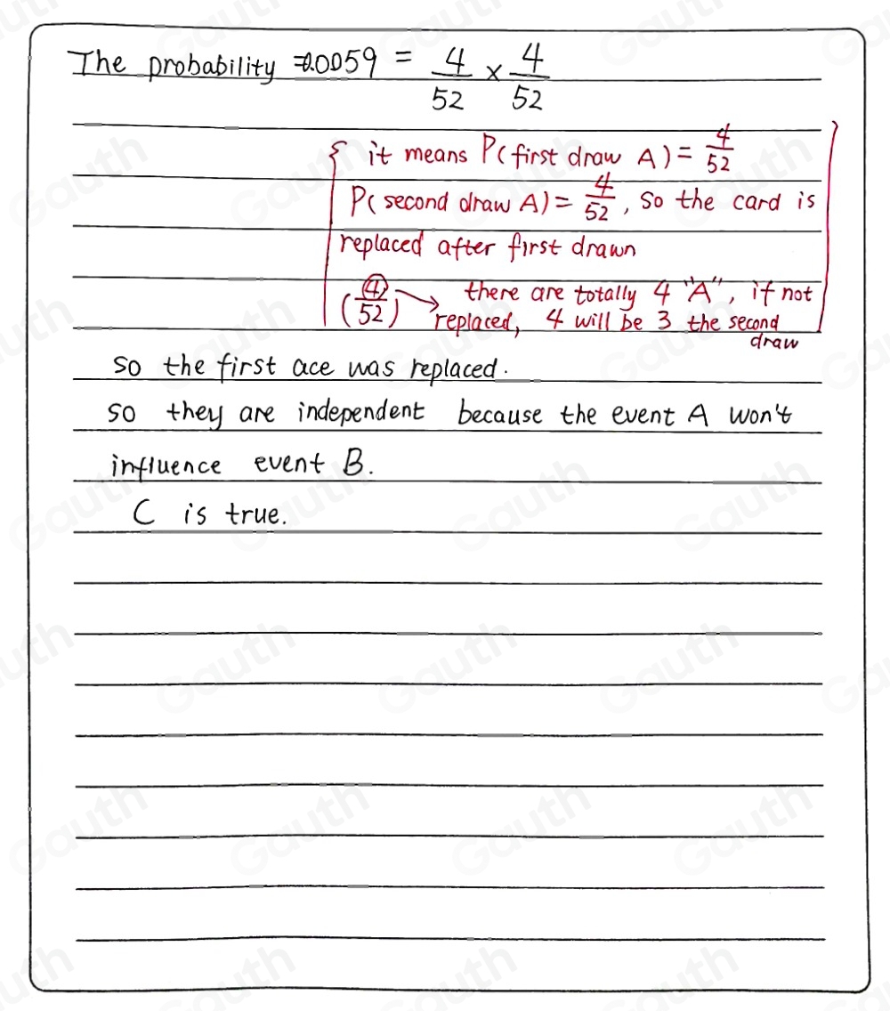 Solved: The probability of drawing two aces from a standard deck is 0. ...