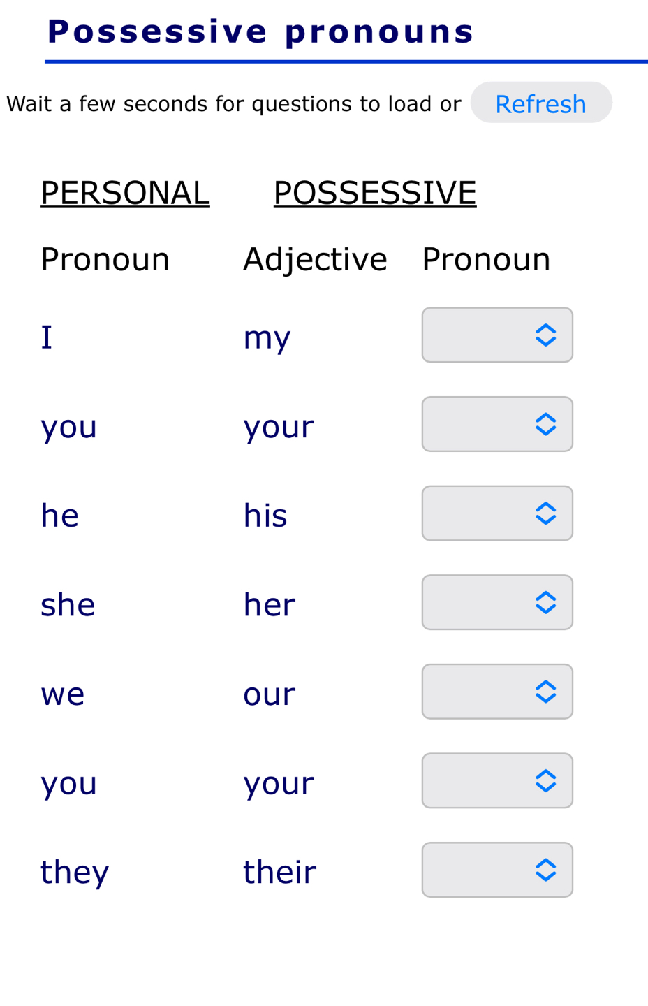 Possessive pronouns 
Wait a few seconds for questions to load or Refresh 
PERSONAL POSSESSIVE 
Pronoun Adjective Pronoun 
I 
my 
you your 
he his 
0 
she her 
we our 
you your 
they their