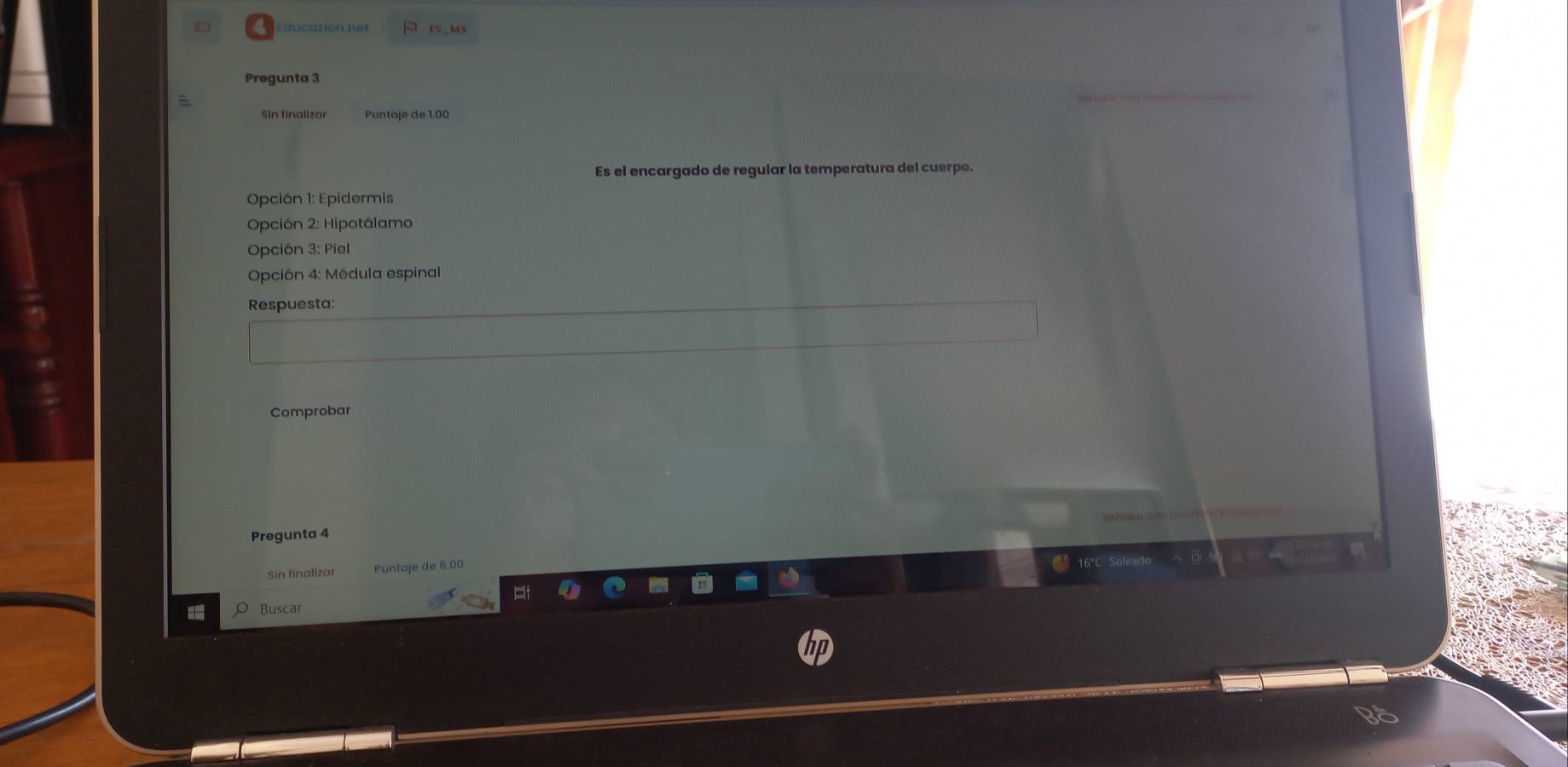 ducazión net ES _MX
Pregunta 3
Sin finalizar Puntaje de 1.00
Es el encargado de regular la temperatura del cuerpo.
Opción 1: Epidermis
Opción 2: Hipotálamo
Opción 3: Piel
Opción 4: Médula espinal
Respuesta:
Comprobar
Pregunta 4
Sin finalizar Puntaje de 6.00
= Buscar