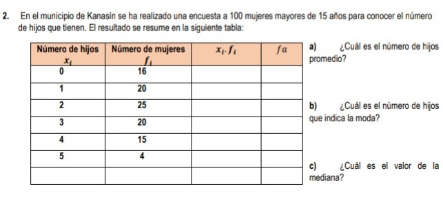 En el municipio de Kanasín se ha realizado una encuesta a 100 mujeres mayores de 15 años para conocer el número
de hijos que tienen. El resultado se resume en la siguiente tabla:
¿Cuál es el número de hijos
medio?
¿Cuál es el número de hijos
indica la moda?
¿Cuál es el valor de la
diana?