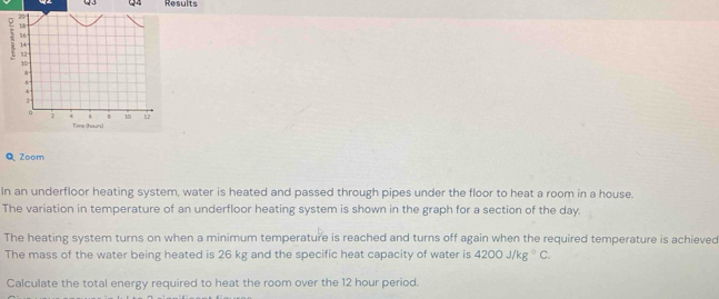 Results
204
h
14
12
10
8
* 
。
2 4 6 8 10 12
Time (hours) 
Q Zoom 
In an underfloor heating system, water is heated and passed through pipes under the floor to heat a room in a house. 
The variation in temperature of an underfloor heating system is shown in the graph for a section of the day. 
The heating system turns on when a minimum temperature is reached and turns off again when the required temperature is achieved 
The mass of the water being heated is 26 kg and the specific heat capacity of water is 4200J/kg°C. 
Calculate the total energy required to heat the room over the 12 hour period.