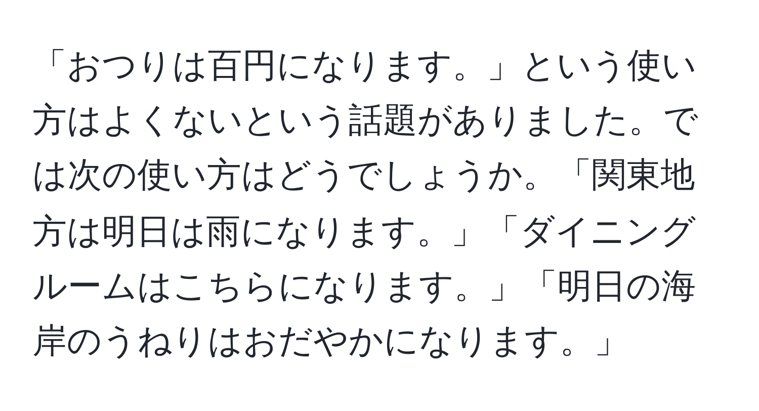 「おつりは百円になります。」という使い方はよくないという話題がありました。では次の使い方はどうでしょうか。「関東地方は明日は雨になります。」「ダイニングルームはこちらになります。」「明日の海岸のうねりはおだやかになります。」