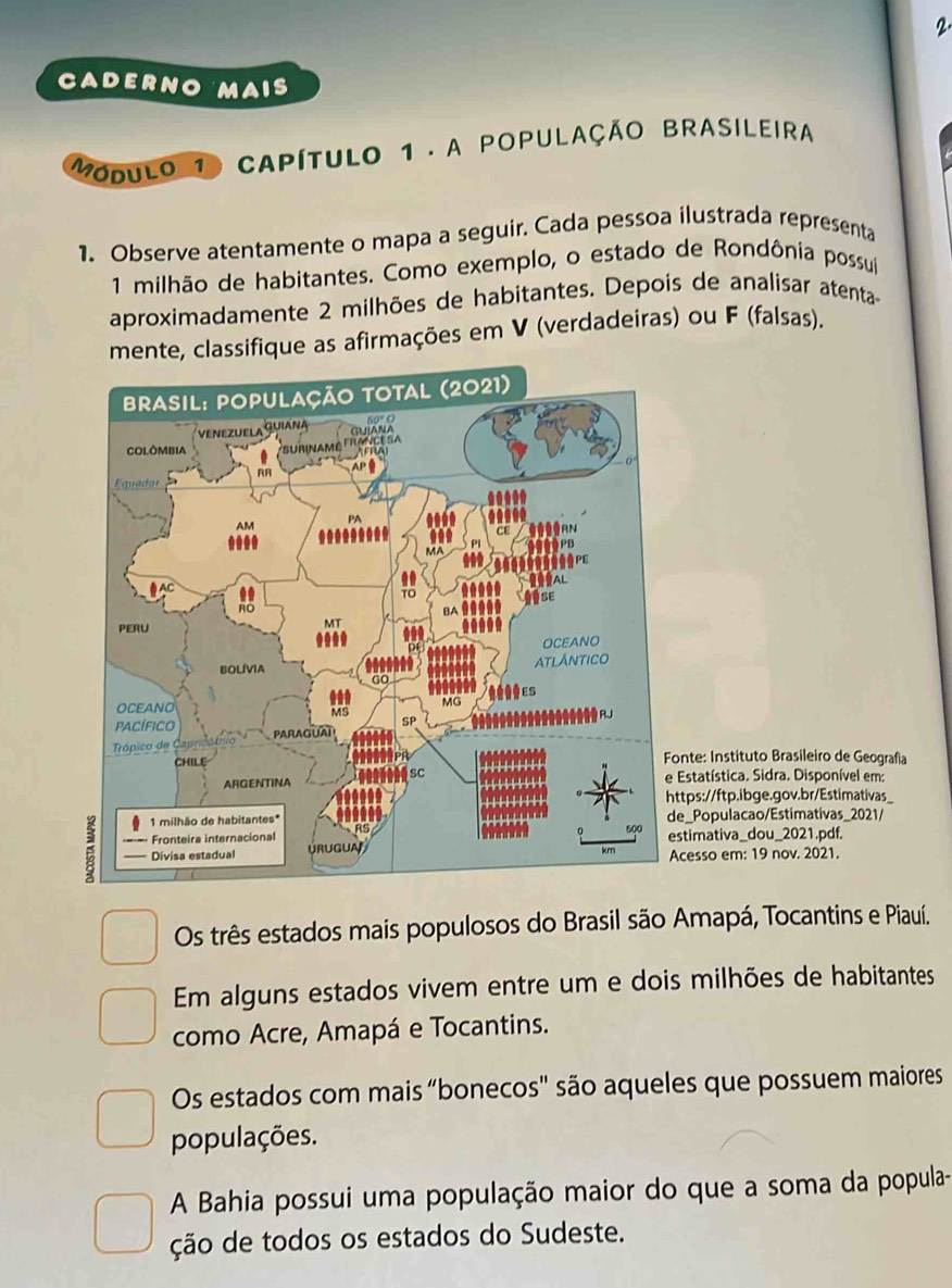 CAderNo M AIS 
Modulo 1 capítulo 1 . a população Brasileira
1. Observe atentamente o mapa a seguir. Cada pessoa ilustrada representa
1 milhão de habitantes. Como exemplo, o estado de Rondônia possui
aproximadamente 2 milhões de habitantes. Depois de analisar atenta-
mente, classifique as afirmações em V (verdadeiras) ou F (falsas).
nte: Instituto Brasileiro de Geografía
Estatística. Sidra. Disponível em:
tps://ftp.ibge.gov.br/Estimativas_
_Populacao/Estimativas_2021/
timativa_dou_2021.pdf.
cesso em: 19 nov. 2021.
Os três estados mais populosos do Brasil são Amapá, Tocantins e Piauí.
Em alguns estados vivem entre um e dois milhões de habitantes
como Acre, Amapá e Tocantins.
Os estados com mais "bonecos" são aqueles que possuem maiores
populações.
A Bahia possui uma população maior do que a soma da popula-
ção de todos os estados do Sudeste.