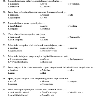 Reproduksi aseksal pada zyromy cota biasanya membentuk ….. c. Spura e. sporangium
b. konidiofor a zygospora 6. Zoospora
32. Jamur dapat berkembangbiak seeara aseksual dengan membeatuk .... c. Gemma e hif
b. spocangium a knodium d.Sorus
33. Reproduksi jamur secara vegetatif yaitu.... e. basidsum
b.konjugasi a. mombelah diri c. Ascus
d Budding
34. Nama laín dari deureromycolina yaitu jamur e. Air _c. Tiram putih
b. tidak sempura a. tirsm merah
& Leadir
35. Dibawah ini merupakan salah satu bentuk simbiosis jamur yaitu_ e. mikoriza
c. Ascomycotina
a miselium b. xy gomycotina # Basidiom cotina
36. Dibawah ini jenis jamur yang merugikan bagi kehidupan manusia yaitu e. Albugo e. Saccharonyces
a. 1ycsperdon perlatum b. Volvariella volvacea 6. Higroparus
37. Jamør yang ada di darat bisa memprodoksi spora yang terbentok dari sel-sel khusss yang dinamakan ....
a basidium c. Miaclium
b. sorus 4. Hiể é akm
38. Spoca yong bisa bergerak di air dengan menggunakan flagel dinamakan ....
b. oospora a. sporofit d. Sporangium c. Gemma c. z00spora
39. Jamar tidak dapat digolongkas ke daïam dunia tumbuhan karena c. Bersifat autouop e. Memahki spora
b. memiliks disding sel a. tidak memihki kloroti d. Memiliki hid