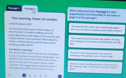 Passage 1 Passage 2 Which statement from Passage 2 is BEST
supported by the information in the table on
The Leaning Tower of London page 5 of the passage?
LONDON, March 2012 "The fact that the tower does indeed lean about
The famous clock tower of the Palace of 46 cm to the left of its peak causes same concem."
Westminster in London is tilting, and the
lawmakers who work below it are worried, Will
it slide into the Thames River? Will it take the "The analysis would consider the options for long-
Palace of Westminster and the lawmakers Ben." term upkeep of the Palace of Westminster and Big
working inside with it?
Is It REALLY Leaning?
The clock tower, commonly known as Big Ben, "Burland is best recognized for his work an
is one of London's most iconic landmarks. The stabilizing the Leoning Tower of Pisa In Moly."
fact that the tower does indeed lean about
48 cm to the left of its peak causes some "Burland claims that Ig Ben won't come close to
concer. The sagging has created cracks in the Leaning Tower of Pisa's till for at least ' 10,000
the walls around the House of Commens years."
1 2 3 4 5