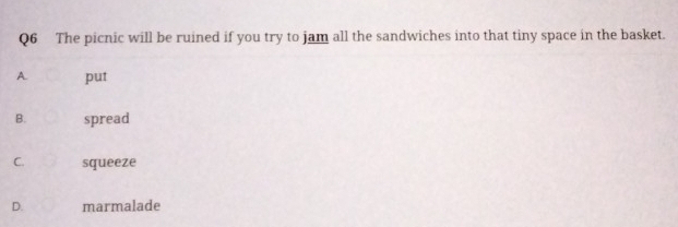 The picnic will be ruined if you try to jam all the sandwiches into that tiny space in the basket.
A. put
B. spread
C. squeeze
D. marmalade