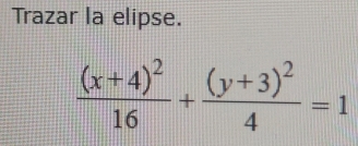 Trazar la elipse.
frac (x+4)^216+frac (y+3)^24=1