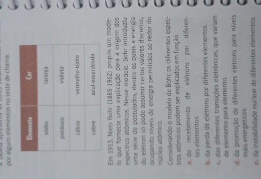 por alguns elementos no teste de chama.
Em 1913, Niels Bohr (1885-1962) propôs um mode-
o que fornecia uma explicação para a origem dos
espectros atômicos. Nesse modelo, Bohr introduziu
uma série de postulados, dentre os quais a energia
do elétron só pode assumir certos valores discretos,
ocupando níveis de energia permitidos ao redor do
núcleo atômico.
Considerando o modelo de Bohr, os diferentes espec-
tros atômicos podem ser explicados em função
a. do recebimento de elétrons por diferen-
tes elementos.
b. da perda de elétrons por diferentes elementos.
c. das diferentes transições eletrônicas, que variam
de elemento para elemento.
da da promoção de diferentes elétrons para níveis
mais energéticos.
e da instabilidade nuclear de diferentes elementos.