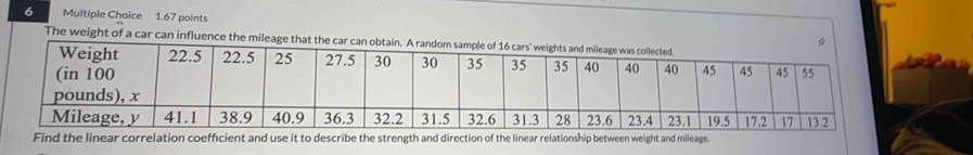 The weight of a car can influence the milea
Find the linear correlation coefficient and use it to describe the strength and direction of the linear relationship between weight and mileage.