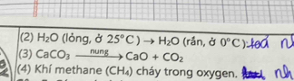 (2) H_2O (lỏng, ở 25°C)to H_2O(ran,d0°C)
(3) CaCO_3xrightarrow nungCaO+CO_2
(4) Khí methane (CH_4) cháy trong oxygen.