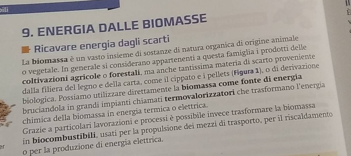 ili 
9. ENERGIA DALLE BIOMASSE 
1 
Ricavare energia dagli scarti 
La biomassa è un vasto insieme di sostanze di natura organica di origine animale 
o vegetale. In generale si considerano appartenenti a questa famiglia i prodotti delle 
coltivazioni agricole o forestali, ma anche tantissima materia di scarto proveniente 
dalla filiera del legno e della carta, come il cippato e i pellets (Figura 1), o di derivazione 
biologica. Possiamo utilizzare direttamente la biomassa come fonte di energia 
bruciandola in grandi impianti chiamati termovalorizzatori che trasformano l’energia 
chimica della biomassa in energia termica o elettrica. 
Grazie a particolari lavorazioni e processi è possibile invece trasformare la biomassa 
in biocombustibili, usati per la propulsione dei mezzi di trasporto, per il riscaldamento 
o per la produzione di energia elettrica. 
er