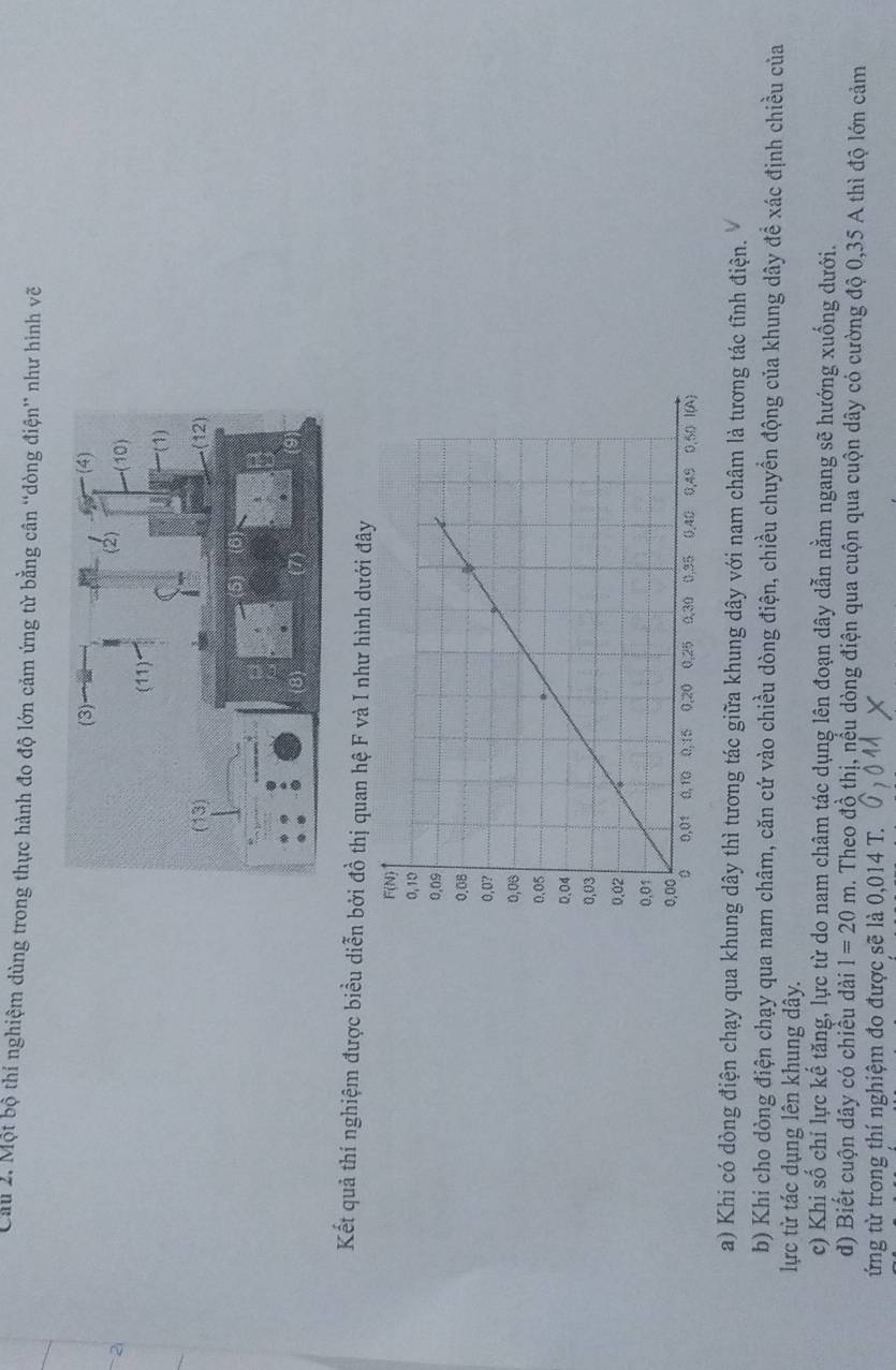 Cầu 2. Một bộ thí nghiệm dùng trong thực hành đo độ lớn cảm ứng từ bằng cân “dòng điện” như hình vẽ
2
Kết quả thí nghiệm được biểu diễn bởi đồ thị quan hệ F và I như hình dưới đây
a) Khi có dòng điện chạy qua khung dây thì tương tác giữa khung dây với nam châm là tương tác tĩnh điện.
b) Khi cho dòng điện chạy qua nam châm, căn cứ vào chiều dòng điện, chiều chuyền động của khung dây để xác định chiều của
lực từ tác dụng lên khung dây.
c) Khi số chỉ lực kế tăng, lực từ do nam châm tác dụng lên đoạn dây dẫn nằm ngang sẽ hướng xuống dưới.
d) Biết cuộn dây có chiều dài l=20m. Theo đồ thị, nều dòng điện qua cuộn qua cuộn dây có cường độ 0,35 A thì độ lớn cảm
ứng từ trong thí nghiệm đo được sẽ là 0,014 T.