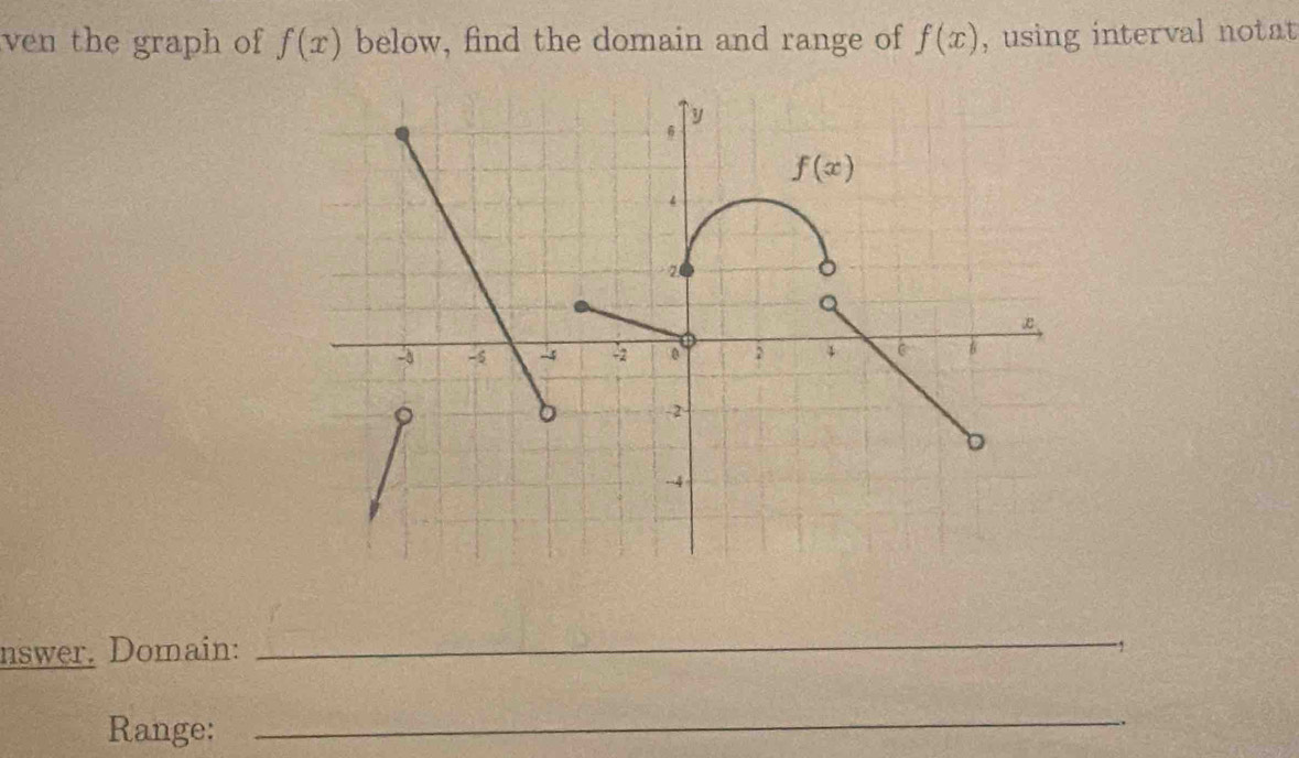 ven the graph of f(x) below, find the domain and range of f(x) , using interval notat
nswer. Domain:
_
.,
Range:_