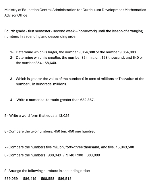 Ministry of Education Central Administration for Curriculum Development Mathematics 
Advisor Office 
Fourth grade - first semester - second week - (homework) until the lesson of arranging 
numbers in ascending and descending order 
1- Determine which is larger, the number 9,054, 300 or the number 9,054,003. 
2- Determine which is smaller, the number 354 million, 158 thousand, and 640 or 
the number 354,158,640. 
3- Which is greater the value of the number 9 in tens of millions or The value of the 
number 5 in hundreds millions. 
4- Write a numerical formula greater than 682,367. 
5- Write a word form that equals 13,025. 
6- Compare the two numbers: 450 ten, 450 one hundred. 
7- Compare the numbers five million, forty-three thousand, and five. / 5,043,500
8- Compare the numbers 900, 949/9+40+900+300,000
9- Arrange the following numbers in ascending order:
589,059 586, 419 598, 558 586, 518