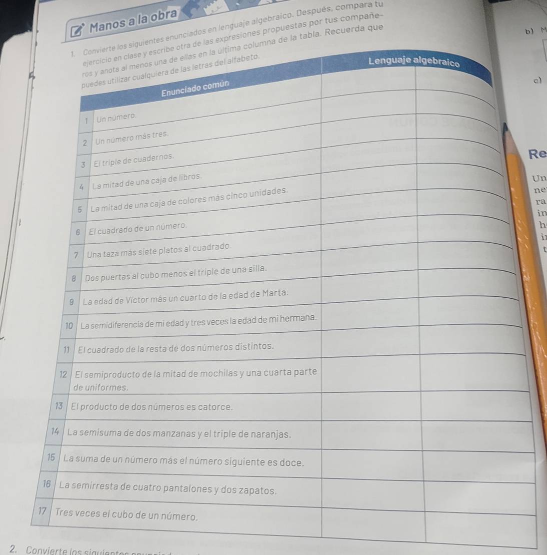 Manos a la obra 
en lenguaje algebraico. Después, compara tu 
ropuestas por tus compañe- 
cuerda que 
b) M
c) 
Re 
Un 

in 
ra 
I 
h 
i 
I 
2. Convierte los siguie nt