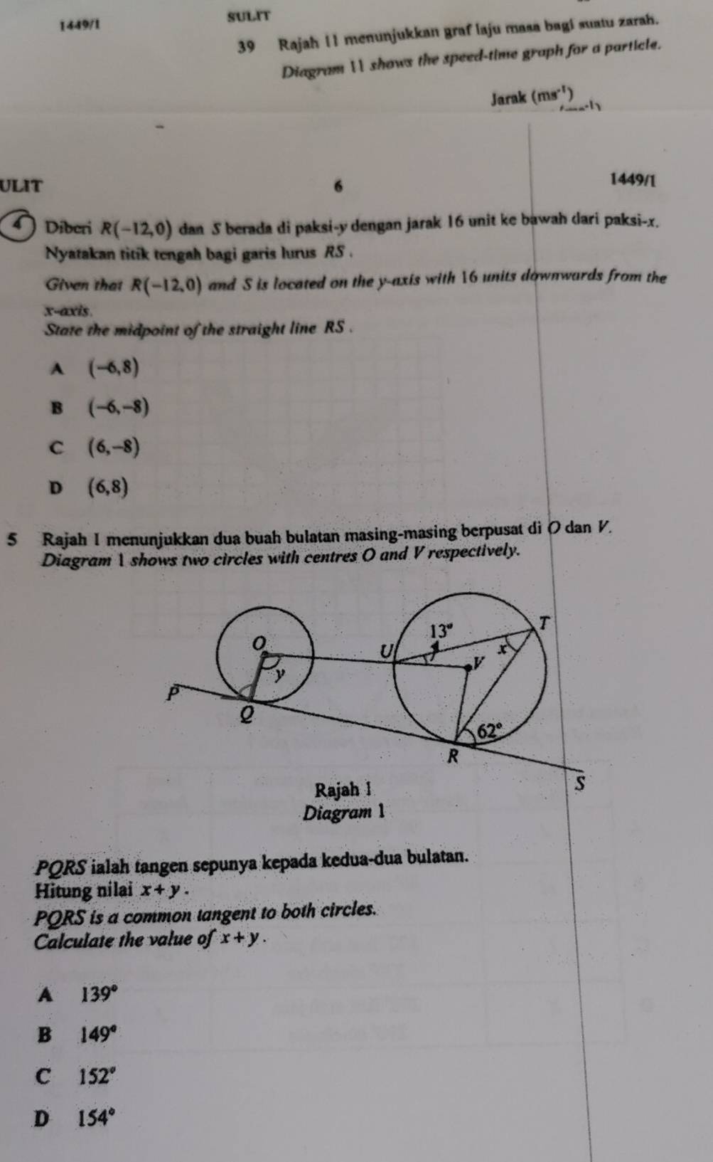 1449/1 SULIT
39 Rajah 11 menunjukkan graf laju masa bagi suatu zarah.
Diagram 11 shows the speed-time graph for a particle.
Jarak (ms^(-1))
ULIT 6
1449/1
4   Diberi R(-12,0) dan S berada di paksi-y dengan jarak 16 unit ke bawah dari paksi-x.
Nyatakan titik tengah bagi garis lurus RS .
Given that R(-12,0) and S is located on the y-axis with 16 units downwards from the
x-axis
State the midpoint of the straight line RS .
A (-6,8)
B (-6,-8)
C (6,-8)
D (6,8)
5 Rajah I menunjukkan dua buah bulatan masing-masing berpusat di ( dan V.
Diagram 1 shows two circles with centres O and V respectively.
Diagram 1
PQRS ialah tangen sepunya kepada kedua-dua bulatan.
Hitung nilai x+y.
PQRS is a common tangent to both circles.
Calculate the value of x+y.
A 139°
B 149°
C 152°
D 154°