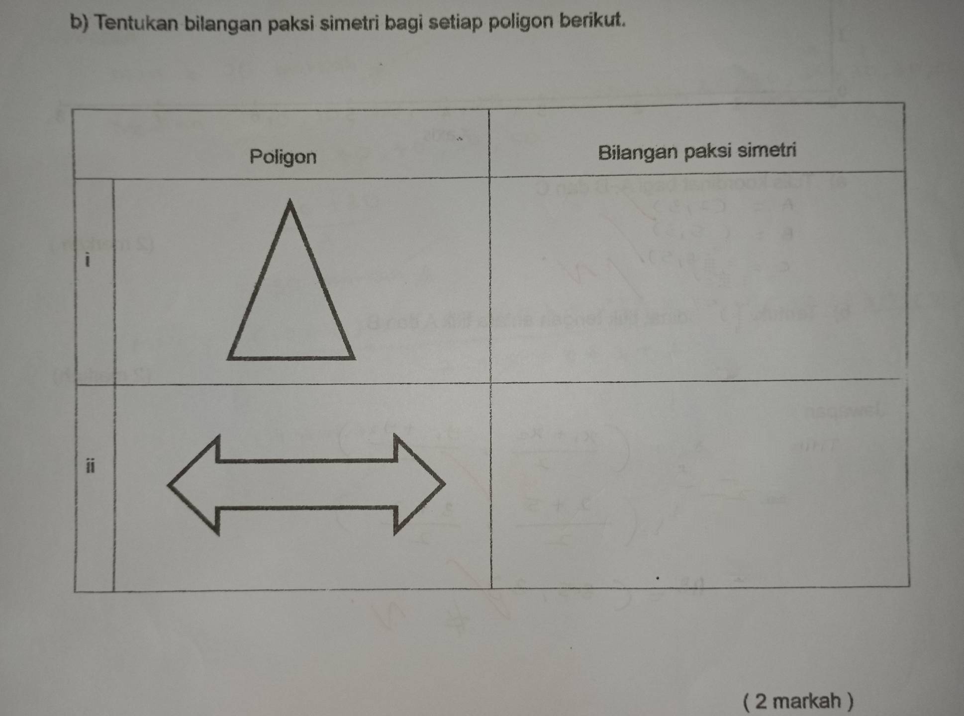 Tentukan bilangan paksi simetri bagi setiap poligon berikut. 
( 2 markah )