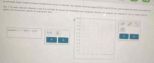 La empresa Sugar Sweet Company transportará azúcar al mercado. Por alquilar camiones pagará $3625 más $125 por cada tonelada de azúcar que transporte. 
gráfico de la ecuación usando los siguientes ejes. 
Sea C el costo total (en dólares) y sea S la cantidad de azúcar (en toneladas) que transporta. Escribir una ecuación que relacione C con Sy luego Irazar el 
Ecuación: C=3625+1255  □ /□  
□ -□
× 
+ 5