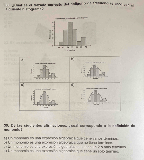 ¿Cuál es el trazado correcto del polígono de frecuencias asociado al
siguiente histograma?
a)
b)

c)
d)
39. De las siguientes afirmaciones, ¿cuál corresponde a la definición de
monomio?
a) Un monomio es una expresión algebraica que tiene varios términos.
b) Un monomio es una expresión algebraica que no tiene términos.
c) Un monomio es una expresión algebraica que tiene un 2 o más términos.
d) Un monomio es una expresión algebraica que tiene un solo término.