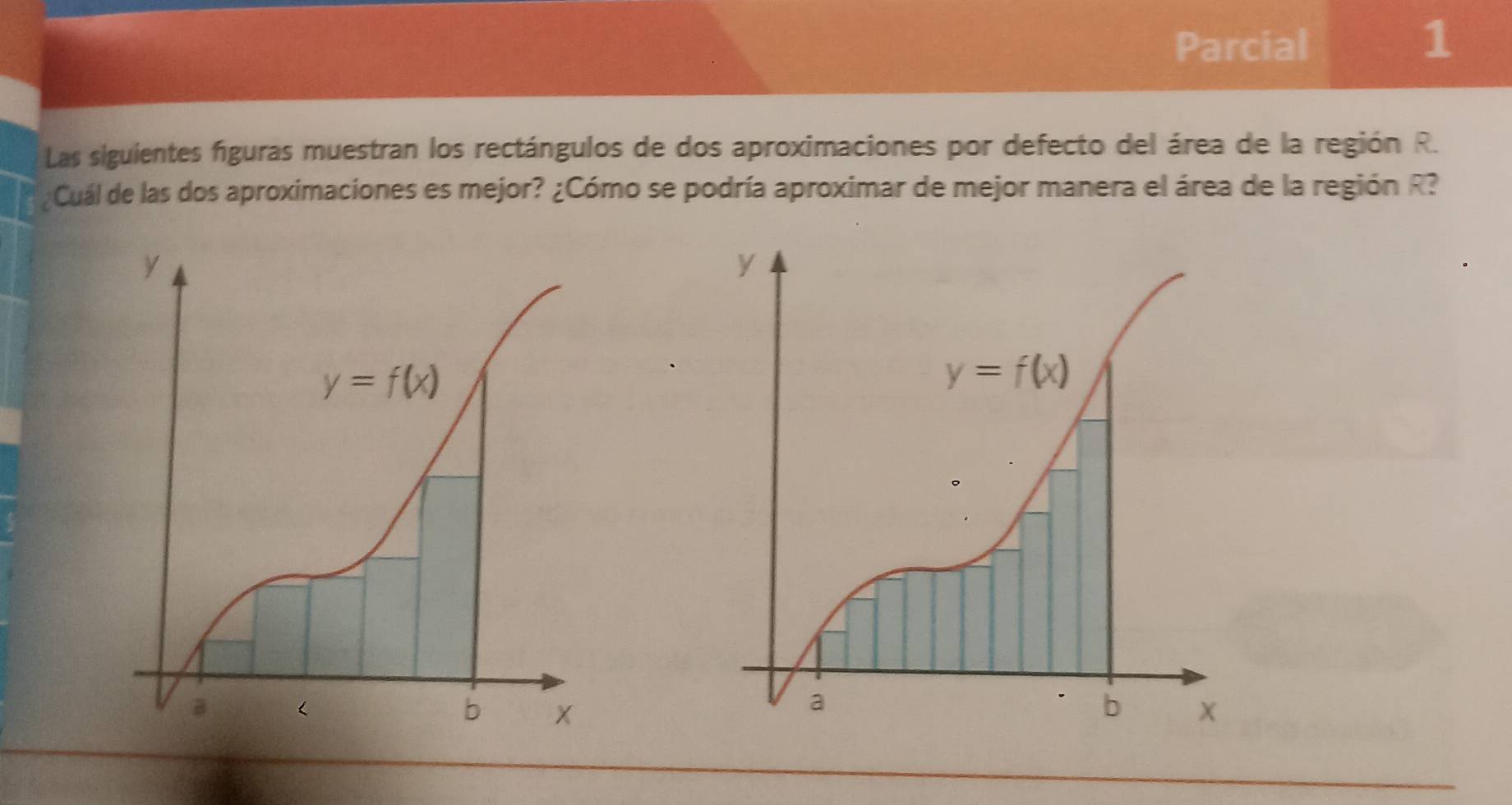 Parcial 1
Las siguientes figuras muestran los rectángulos de dos aproximaciones por defecto del área de la región R.
Cuál de las dos aproximaciones es mejor? ¿Cómo se podría aproximar de mejor manera el área de la región R?
y
y=f(x)
B <
b