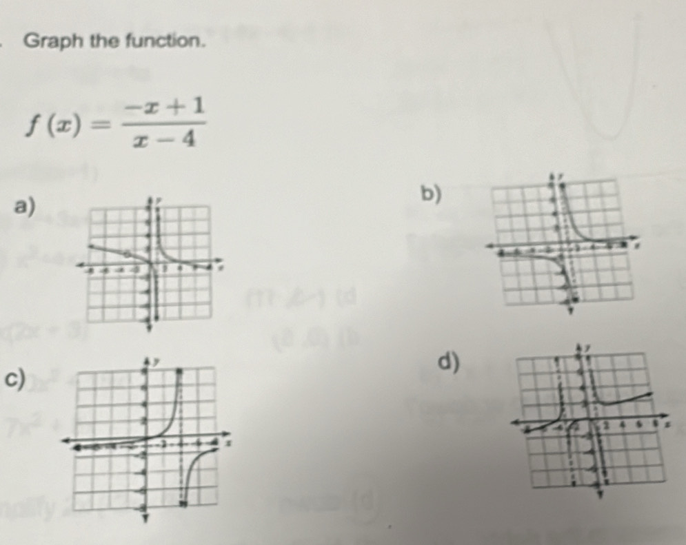 Graph the function.
f(x)= (-x+1)/x-4 
a) 
b) 
c) 
d)