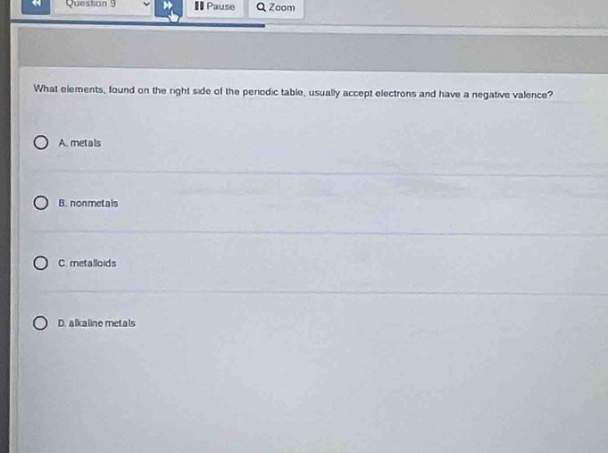 I=Pause Q Zoom
What elements, found on the right side of the periodic table, usually accept electrons and have a negative valence?
A. metals
B. nonmetals
C. metalloids
D. alkaline metals