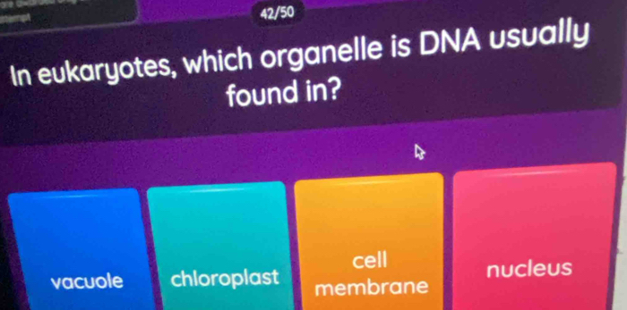 itempt 42/50
In eukaryotes, which organelle is DNA usually
found in?
cell
vacuole chloroplast membrane nucleus