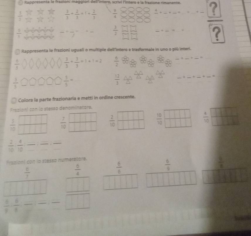 Rappresenta le frazioni maggiori dell'intero, scrivi l'intero e la frazione rimanente.
 5/3 
 3/3 + 2/3 =1+ 2/3   9/4 
 4/□  + □ /□  + □ /□  = □ /□   ______  ?/? 
 6/5 
_ = _ frac j= +frac  _  3/2 
Rappresenta le frazioni uguali o multiple dell'întero e trasformale in uno o più interi.
 6/3 
 3/3 + 3/3 =1+1=2  6/2 
_×_ _=
 5/5 
 5/5 =
 12/3 
_ 
_+ _+ _= 
Colora la parte frazionaria e metti in ordine crescente. 
Frazion) con lo stesso denominatore.
 5/10 
 7/10 
 2/10 
 10/10 
 4/10 
 2/10 : 4/10  __: __ . __ 
Prazioni con lo stesso numeratore.
frac  6/7 □ □ □ □  __ _ frac  5/4 □  frac  6/5 □ □ □ 
 6/9 
 6/8 
 6/9 : 6/8 :frac :frac =