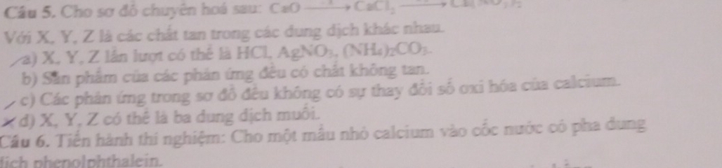 Cho sơ đô chuyên hoá sau: CaOto CaCl_2to Ca(OH)_2
Với X, Y, Z là các chất tan trong các dung dịch khác nhau. 
( a) X, Y, Z lân lượt có thể là HCL AgNO_3, (NH_4)_2CO_3. 
b) Sản phẩm của các phán ứng đêu có chất không tan. 
c) Các phản ứng trong sơ đồ đều không có sự thay đổi số oxi hóa của calcium. 
* đ) X, Y, Z có thê là ba dung dịch muôi. 
Câu 6. Tiền hành thi nghiệm: Cho một mẫu nhỏ calcium vào cốc nước có pha dung 
lich phenolphthalein.