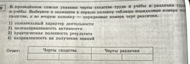 0 Βεпрнведенном сииске укаланычерты ехолства τруда и учебы и раалнинα τρу 
нучёбы, Выбернте н запншнτе в первуюо колонκу τаблвиы порядковые номера ие 
сходства, а ло вторуΙ колонку — порядковые помера черт раалииия。 
1) сознательиый характер деятельности 
2) пеленаправленность активности 
3) практнческая полезность результата 
4) направленность на получение знаний 
Otne