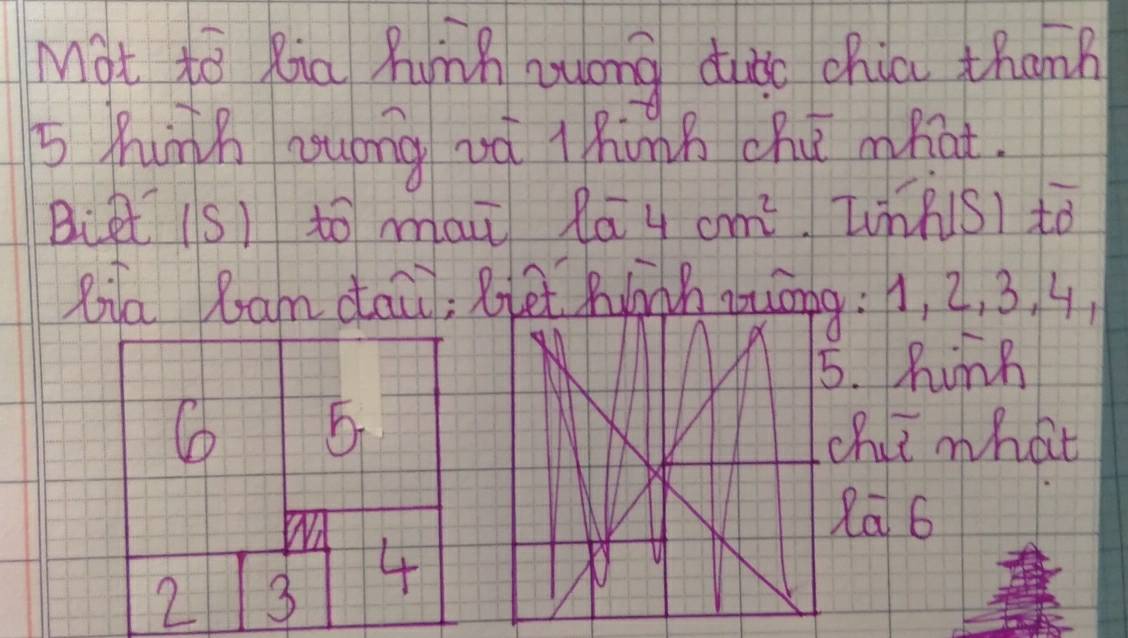 Mat to Ria Qunh aong dude chio tham 
5 hunh auóng oà T hinh chú mfat. 
Biet is) to man la 4cm^2 [inR(S) to 
Ria Ram dtaw; Rlet hành nuōng : , 2, 3. 4
5. hink 
Co 5chii mhat 
Wn 
Ra6
2 3 4