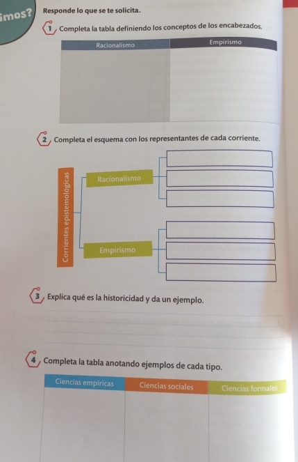 imos? Responde lo que se te solicita. 
Completa la tabla definiendo los conceptos de los encabezados, 
2 Completa el esquema con los representantes de cada corriente. 
3 Explica qué es la historicidad y da un ejemplo. 
4 Completa la tabla anotando ejemplos de cada tipo.