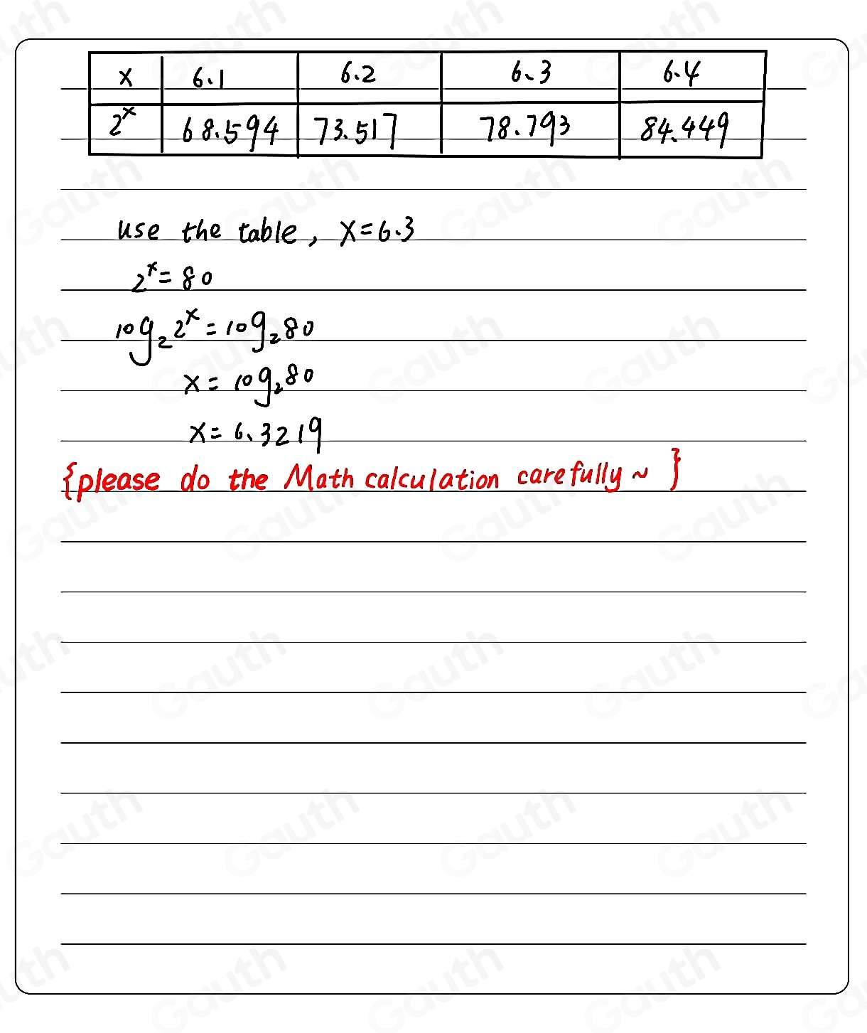 use the table, x=6.3
2^x=80
log _22^x=log _280
x=log _280
x=6.3219
(please do the Math calculation carefully ~ I 
 
 
 
 
 
 
 
 
 
 
 
 
 
 
 
 
Table 1: []