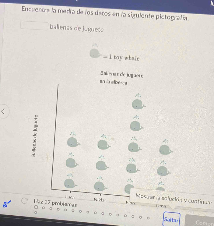 Encuentra la media de los datos en la siguiente pictografía. 
ballenas de juguete 
=1 toy whale 
Ballenas de juguete 
en la alberca 

Mostrar la solución y continuar 
Luca Niklas Finn Lena 
Haz 17 problemas 
。 。 
Saltar Compr